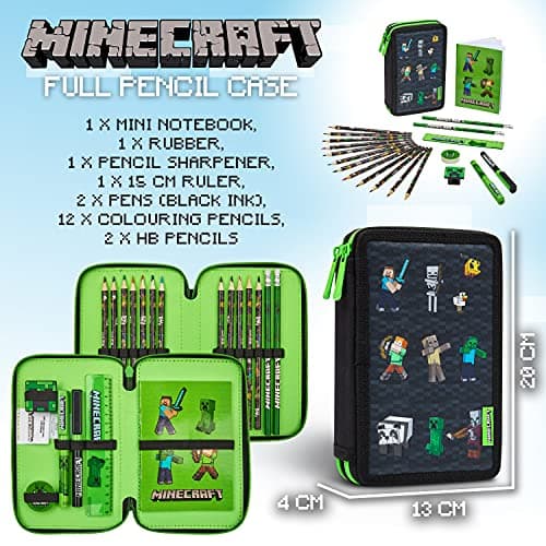 Minecraft Trousse Scolaire Enfants avec Plusieurs Compartiment, Papeterie Incluse - Ecole Fourniture (Noir)