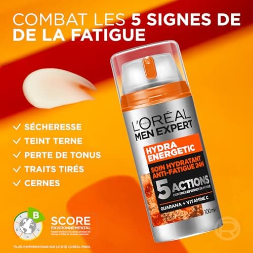 L'Oréal Men Expert - Soin Hydratant Anti-Fatigue 24H XXL pour Homme - Hydrate & Illumine - Concentré en Vitamine C Pure 10% - Usage Quotidien - Hydra Energetic - 100 ml