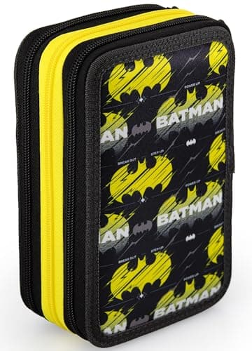 Clondo Trousse Triple Remplie Enfant, pour Batman Fan, 45 Accessoires Scolaires, 3 Fermetures Éclair, Compartiments Organisés, Crayons de Couleur, Feutres, Colle, Ciseaux
