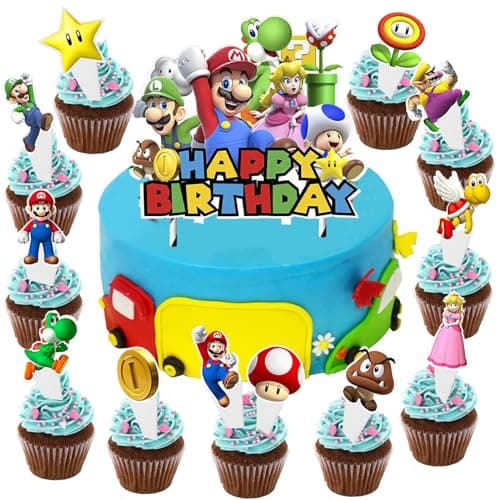 YOUYIKE Décoration De Gâteau Mario, 25 Pièces Mario Decoration Gateau Anniversaire, Decoration Gateau Enfant Mario, Toppers De Gâteau D'anniversaire Mario Pour Fête D'anniversaire D'enfants