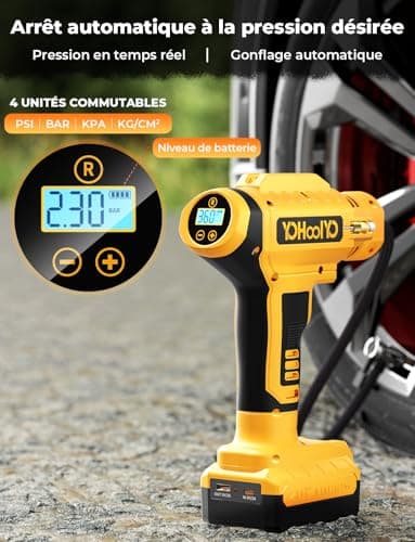 YOHOOLYO Compresseur à Air Portatif Compresseur Voiture 150PSI Gonfleur Pneus Voiture Arrête Automatique avec Ecran LCD Lumière LED Type-C Câble 4 Buses pour Voiture Moto Vélo Balle