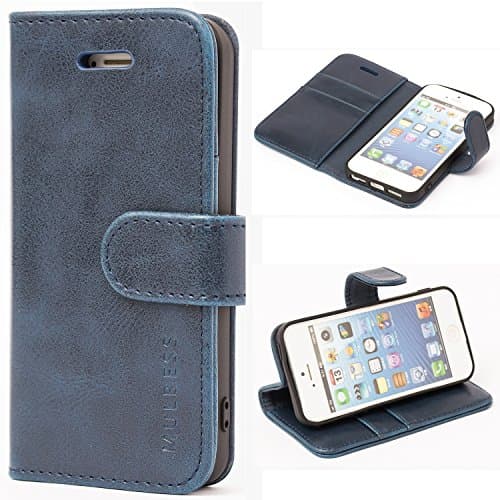 Mulbess Etui Coque pour iPhone 5s / 5 / iPhone SE 2016 - Housse en Cuir - Fentes pour Cartes - Pochette Protection Portefeuille - Rétro Marine Bleu