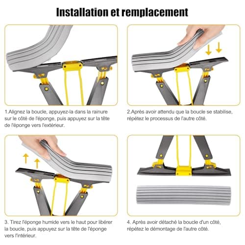 Myiosus Balai Eponge avec Essorage, Balai Serpillere avec 3 éponge PVA absorbante et Réutilisables, Poignée Réglable de 130 cm, Vadrouille éponge pour Nettoyage de Sol