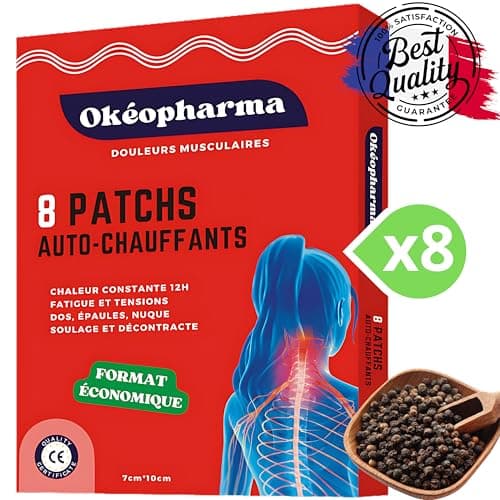 Patch Chauffant Okéopharma - adhésifs - Décontractant Musculaire Efficace pour dos, épaules, Nuque - Chaleur Confortable et Constante 12h - Pansement naturel à base de Camphre - Format économique