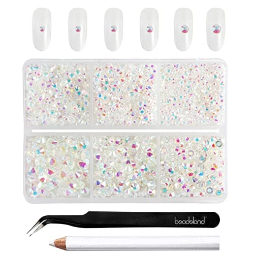 Beadsland Lot de 4300 strass ronds à dos plat pour bricolage - 6 tailles - Avec pincettes et crayons de cire - SS6-SS20 - Transparent AB