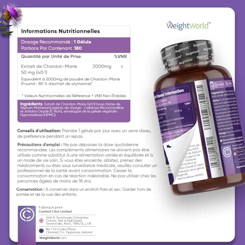 Chardon Marie Extra Fort 2000mg - 180 Gélules Vegan (6 Mois) - Naturel & Pur - Extrait de Milk Thistle (40:1), 80% Silymarine - Sans Stéarate de Magnésium, Alternative à l'Artichaut & au Pissenlit