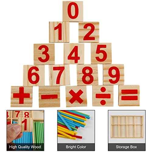 Victse Jouet Montessori Mathématiques, Blocs et Bâtons de Comptage en Bois, Jeu Numérique Bâtons Bois avec Blocs et Bâtons Comptage, Jouet éducatif Montessori 3 Ans et +