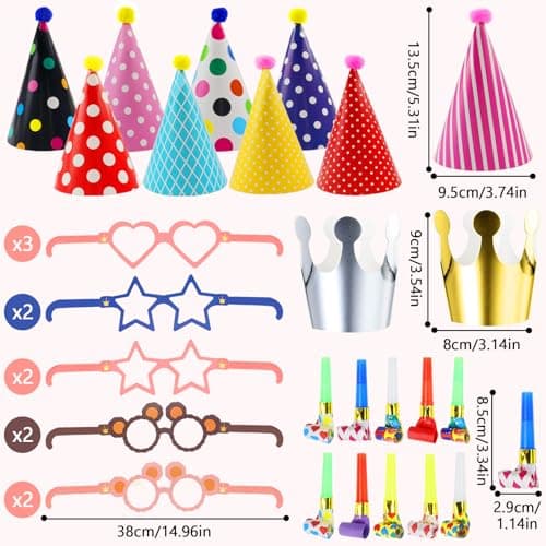 Kit Chapeau Anniversaire Enfant, 33 Pièces Chapeau de Couronne D'anniversaire con Sifflet Colorées et Lunettes de Fête, Chapeau de Fête d'anniversaire en Papier Pour Adultes Enfant