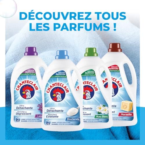 Chanteclair - Lessive Liquide Concentrées Bicarbonate, Spécialement Conçue pour le Linge Blanc, Ultra Détachantes et Efficaces aussi à Froid, 40 lavages - 8x 1800 ml