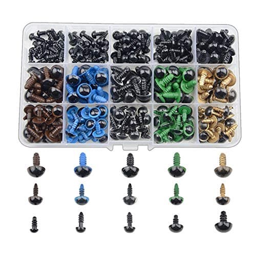 Yeux de sécurité,Yeux de Poupée 150 pièces 8mm 10mm 12mm Coloré Yeux Solides en Plastique avec Rondelles dans Boîte de Rangement pour Teddy Ours Poupée Fantoche et Artisanat