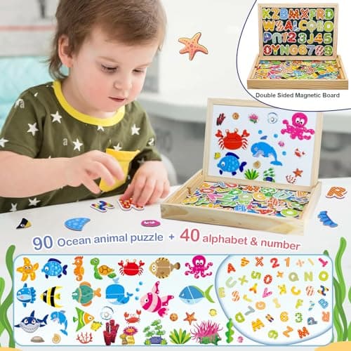 Uping Puzzle Magnetique Bois avec Tableau Double Face Aimanté pour Enfant 3 Ans et plus-130 Pièces