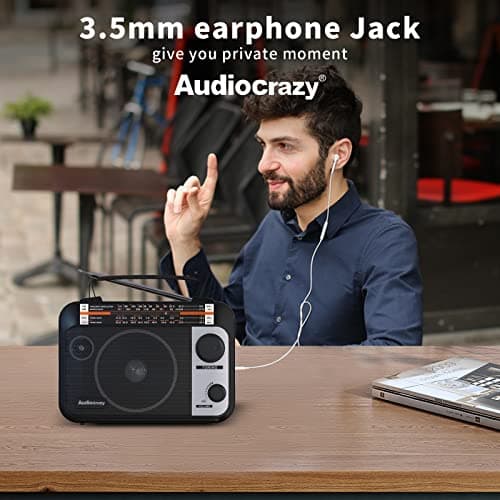 Audiocrazy Radio Portable FM/AM/SW1-2 Radio Multibande avec Batterie Rechargeable 1800 mAh, Câble AC Ou Radio FM Portable avec Piles, Haut-parleurs, Prise Casque, Entrée AUX Noir
