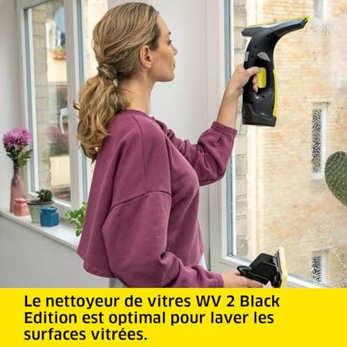 Kärcher Nettoyeur de Vitres WV 2 Black Edition, Autonomie de Batterie : 35 min, Affichage LED, 2 Raclettes, Pulvérisateur avec Microfibres, 20 ml Nettoyant Vitres Concentré
