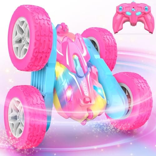 DEERC RC Voiture Telecommandé, 4WD Rose Voiture Telecommandé Enfant Fille, RC Stunt Voiture Jouet 360° Flip Rotatif et Lumière, Jouet Cadeau Fille 3-12 Ans