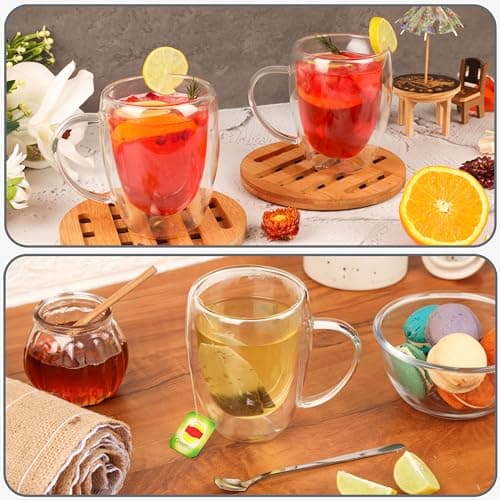 Belle Vous (Lot de 6) Tasse a Cafe Double Paroi - Verre Double Paroi 350ml avec Poignées - Tasse Double Paroi en Verre Borosilicate Thermorésistante pour Thé, Café, Cappuccino & Lattes