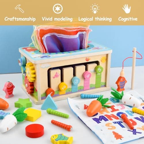 Focenat Jouet Enfant Montessori en Bois, 9-in-1 Jeu de Pêche Magnetique Éducatif, Jouet Motricité Fine pour Bébé 3 4 Ans, Cadeau Garçons Filles
