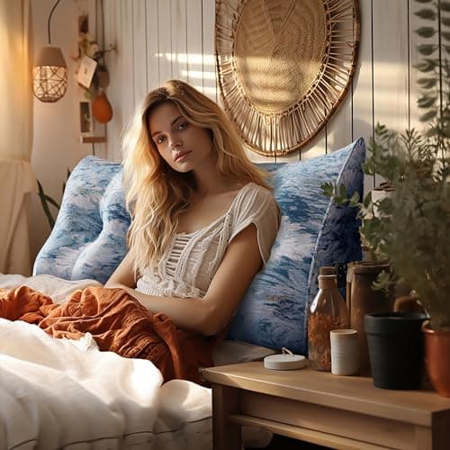 Johnear Coussin de dossier imprimé pour lit - 140 cm - Bleu - Dossier triangulaire - Coussin de canapé - Coussin mural - Lit pour lecture - La housse de coussin est lavable en machine