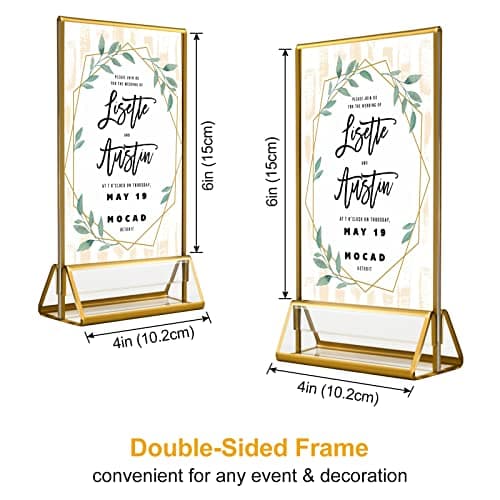 Porte-panneaux en or Acrylique 10x15cm, 4x6'' Cadres d'images Claires avec Bordures Dorées et Support Vertical, Support de Menu de Table Double Face pour les Numéros de Table de Mariage, Lot de 6