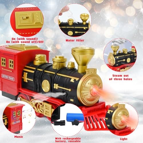 FORMIZON Train Electrique Noel, Train Jouet avec Fumé, Lumières Rails et Son, Jouet de Train avec 3 Trous de Vapeur, Locomotive, Cadeaux de Noël pour Enfants 2+