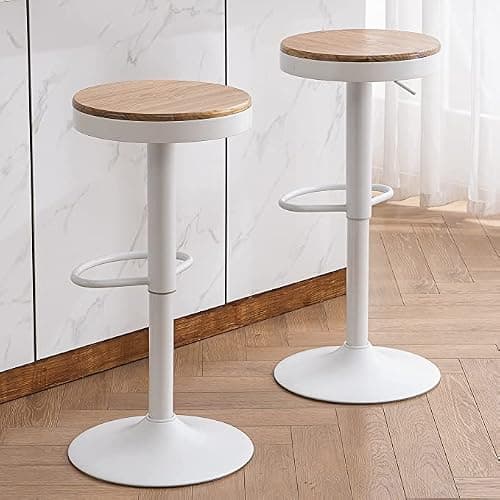 Kidol & Shellder Lot de 2 Tabourets de Bar Blanc, Bois Massif, Tabourets de Comptoir à Hauteur Réglable pour Comptoir de Cuisine, Bois Massif-Métal, Vintage Industriel Moderne