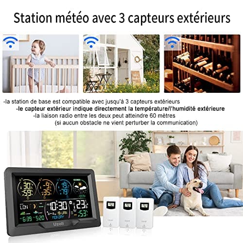 Uzoli Station météo sans fil avec 3 capteur Horloge numérique Thermomètre Hygromètre intérieur extérieur Prévisions météo Pression Lever Coucher du soleil Phase lunaire Risque de moisissure - EM3390