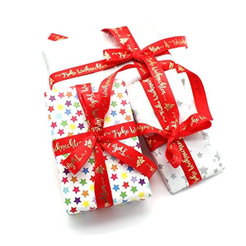 OMISS - Frohe Weihnachten - Ruban Rouge et Ecriture Or - Ruban de type Satin de 19mm