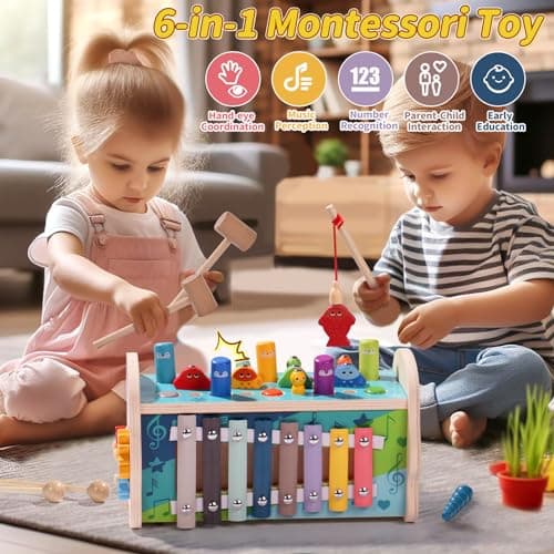 funsonjoy Jouet Bebe 1 An Fille, Jouet Enfant Montessori 1 An, Cadeau Enfant Bebe 1 2 3 An Fille Garcon, 6 en 1 Jeux Bois Bebe 1 An avec Jeu de Taupe & Jeu de Pêche & Xylophone Bebe & Horloge Jeu 1 An