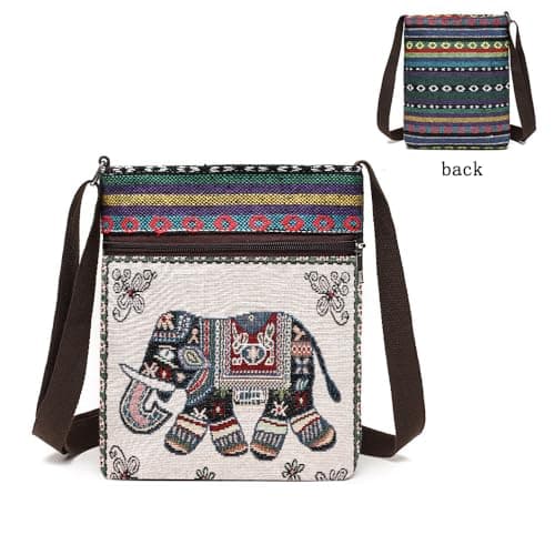 Qiwenr sac bandoulière brodé, Sac bandoulière éléphant, Crossbody-Sac en Toile pour, sac à bandoulière brodé à la main, Sac de transport éléphant,Sac cabas éléphant, Sac Style ethnique brodé, Sac