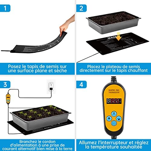 WADEO Tapis Chauffant pour Semis, Tapis Adjustable Chauffage avec Contrôleur de Thermostat 5-45°C (41-113°F), Durable, étanche, Tapis Chauffant pour Plantes, Reptile, Amphibien, 25 x 52cm