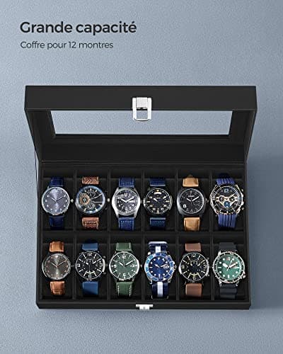 SONGMICS Boîte à Montres à 12 Emplacements, Coffret à Montres, Écrin, avec Couvercle en Verre, Coussinets Amovibles, Serrure en Métal, Revêtement en Noir et Doublure en Noir JWB12B
