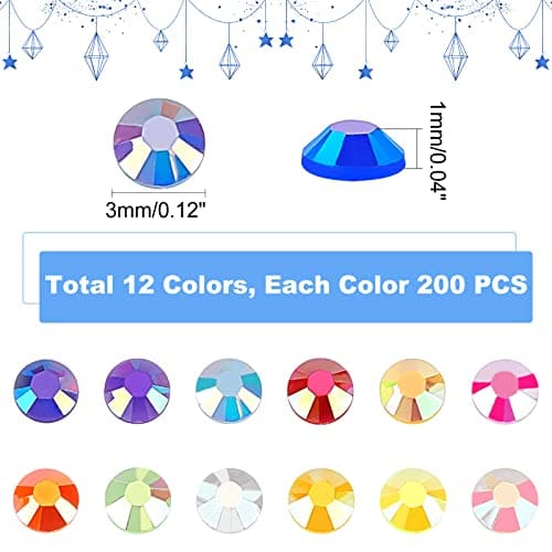 PandaHall 2400pcs Strass en Cristal à Dos Plat, 12 Couleur en Vrac Gelée Strass Bling Ongles Cristaux AB Couleur Arc-en-Ciel Gemmes pour Gobelets Vêtements Chaussures Maquillage Nail Arts, 3 mm