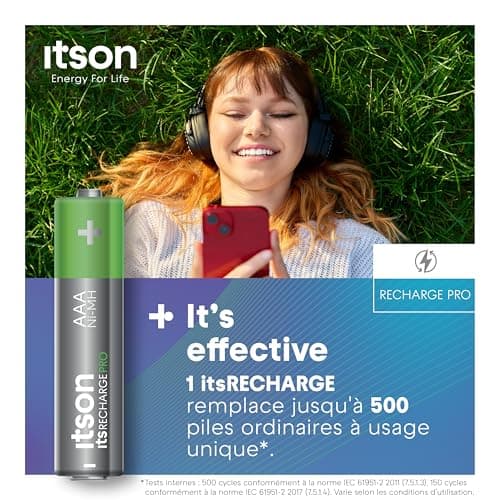 ITSON, AAA piles rechargeables, PRO, lot de 4, puissantes piles rechargeables, capacité Min. 930 mAh, pré-chargées, emballage à 95% de matériaux recyclés, made in Japan