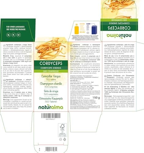 Cordyceps ou Champignon chenille (Cordyceps sinensis ou Ophiocordyceps sinensis) champignon Naturalma - 150 g - 300 comprimés - Complément alimentaire - Naturel et Végétalien