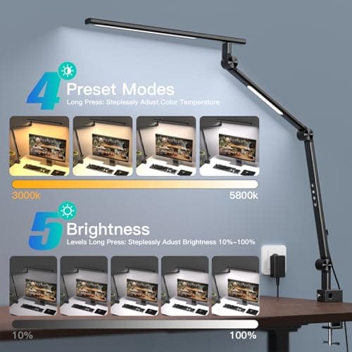 VERSKI Lampe de bureau LED, intensité variable 18 W, lampe de bureau pour la maison, le bureau, protection des yeux, lampe de lumière du jour, 5 températures de couleur et luminosité réglables