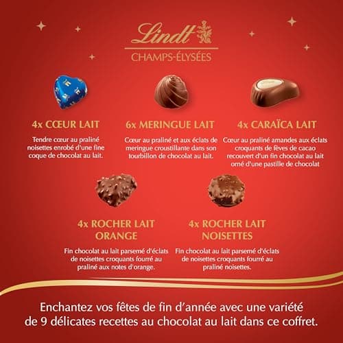 Lindt - Boîte CHAMPS-ÉLYSÉES Lait - Assortiment de Chocolats au Lait - Pralinés, Croustillants et Onctueux - Idéal pour Noël, 482g