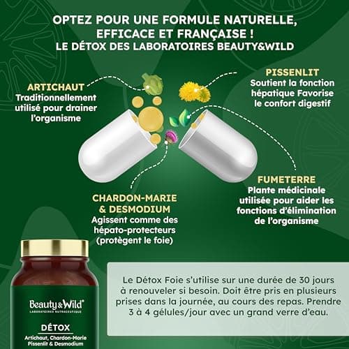 DÉTOX FOIE - Complément Alimentaire d’Artichaut, Chardon-Marie, Pissenlit - Confort Digestif, Protège le Foie, Draineur, Intestins et colon, perte de poids, minceur, 120 gélules - Beauty&Wild