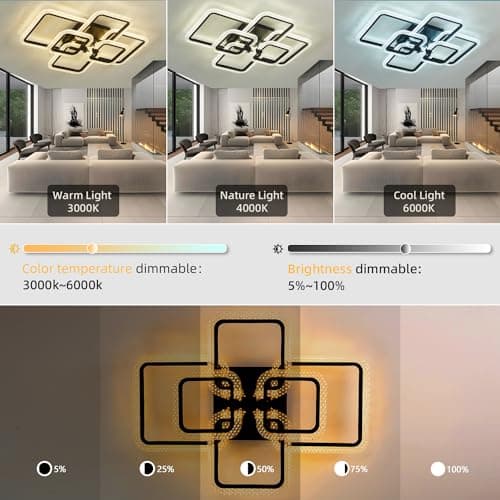 HIHIHOMY Plafonnier Moderne Lampe De Plafond, Avec 6 Cadres Carrés En Cristal En Acrylique, Intensité Variable Avec Télécommande, 3000 K-6500 K, Luminaire Plafonnier Led Metal Encastré Pour Cuisine