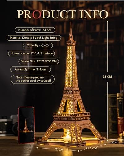 ROBOTIME Puzzle 3D LED Maquette de Tour Eiffel en Bois - Architecture Maquette en Bois a Construire Adulte - Construction Cadeaux pour Adultes et Adolescents - 164 Pièces