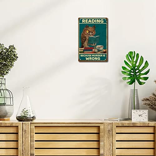 CREATCABIN Hibou Plaque Métal Lecture Parce Que Meurtre Est Faux Affiche Métal Vintage Rétro Art Mural à Suspendre Fer Peinture Plaque Animaux Drôles pour Maison Salle Bain Décoration Murale 20x30cm