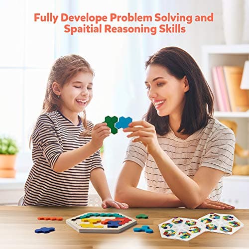 Coogam en Bois Hexagone Puzzle - Forme Bloc Tangram Casse-tête Jouet Géométrie Logique IQ Jeu STEM Montessori Cadeau Éducatif pour Tous Les Ages Défi