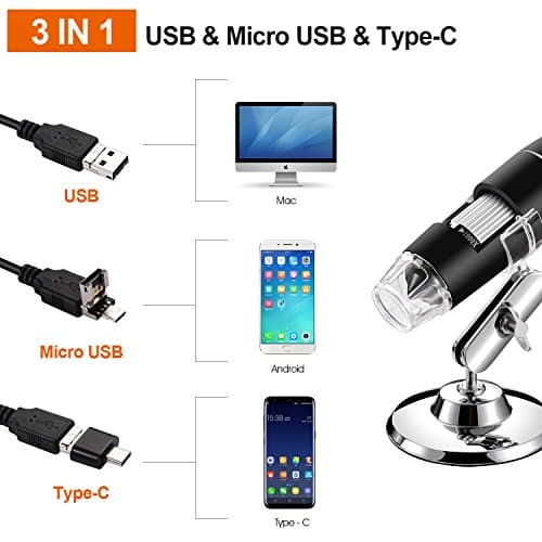 Microscope numérique USB, endoscope de grossissement 40X-1000X Portable Bysameyee, Microscope Digital 8 LED pour Windows 7/8/10 Mac Linux sous Android (avec OTG)