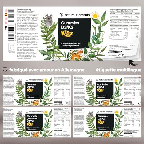 Gommes KIDS aux vitamine D3 et K2 – 120 Gummies – goût tropical – végane, sans sucre, dosage adapté aux enfants – produit et contrôlé en laboratoire en Allemagne