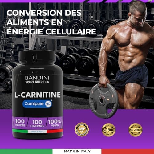 Bandini® L-CARNITINE Carnipure® 100 Comprimés - Supplément de Tartrate L Carnitine (100 doses, 100 jours) 1000mg - Pour Sportifs qui Pratiquent une Activité Physique à Haute Intensité - 100% Vegan