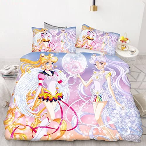 Bfrdollf Sailor Moon Parure de lit 135 x 200 cm, pour fille, motif de l'anime du Japon, 100 % microfibre douce, avec taies d'oreiller, fermeture éclair pour enfants (5, double 200 x 200 cm)