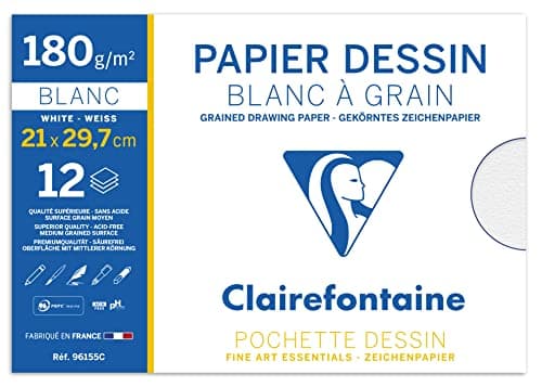 Clairefontaine 196155AMZC - Lot de 2 - Pochette Dessin Scolaire - 12 Feuilles Papier Dessin Blanc à Grain - A4 21x29,7 cm 180g - Idéal pour les Arts Plastiques