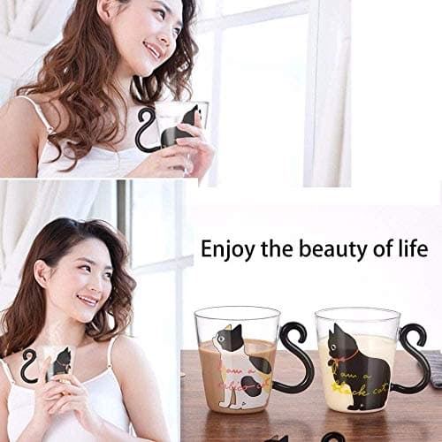 250ml Tasse en Verre Mug de Lait Chat Mignon Verre à Eau Transparent 3D avec Poignée Tasse Mug à Café Résistant à la Chaleur Micro-ondes Cup Coupe à Thé Chocolat Boisson pour Adultes Enfants (Noir)