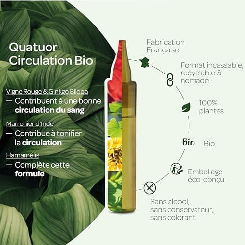 SUPERDIET-QUATUOR CIRCULATION BIO-Jambes légères-Marronnier d’inde,Hamamélis,Vigne rouge,Ginkgo biloba-Format nomade-20 Unidoses de 15 ml