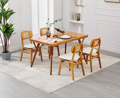 Wahson Lot de 4 Chaise de Salle à Manger en Rotin et Chaise Bois, Chaise Salle à Manger Bois Rétro avec Coussin Imperméable, Chaise de Cuisine Confortable pour Salle à Manger et Salon, Blanc