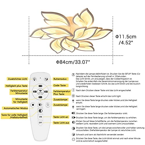 Sky angle Plafonnier LED avec télécommande, lampe de chambre à coucher à intensité variable, plafonnier de salon créatif en forme de fleur (9 têtes/Ø84 cm/33,1 pouces)