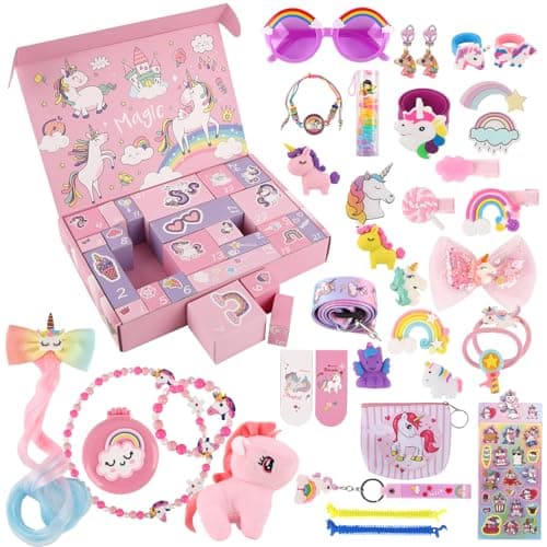 Calendrier de l'avent Fille 2024, Cadeau de Noël avec 24 Jours de Surprises, calendrier de l'avent licorne pour les Filles et les Enfants Comprenant des Jouets et des Accessoires pour les Cheveux